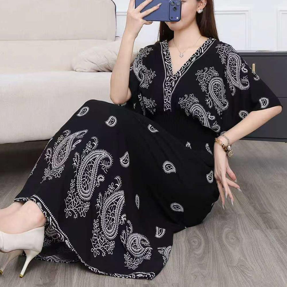 26-Year Floral V-Neck Cotton Silk Batwing Sleeve Beach Dress - Thailand Travel & Vacation Skirt Style