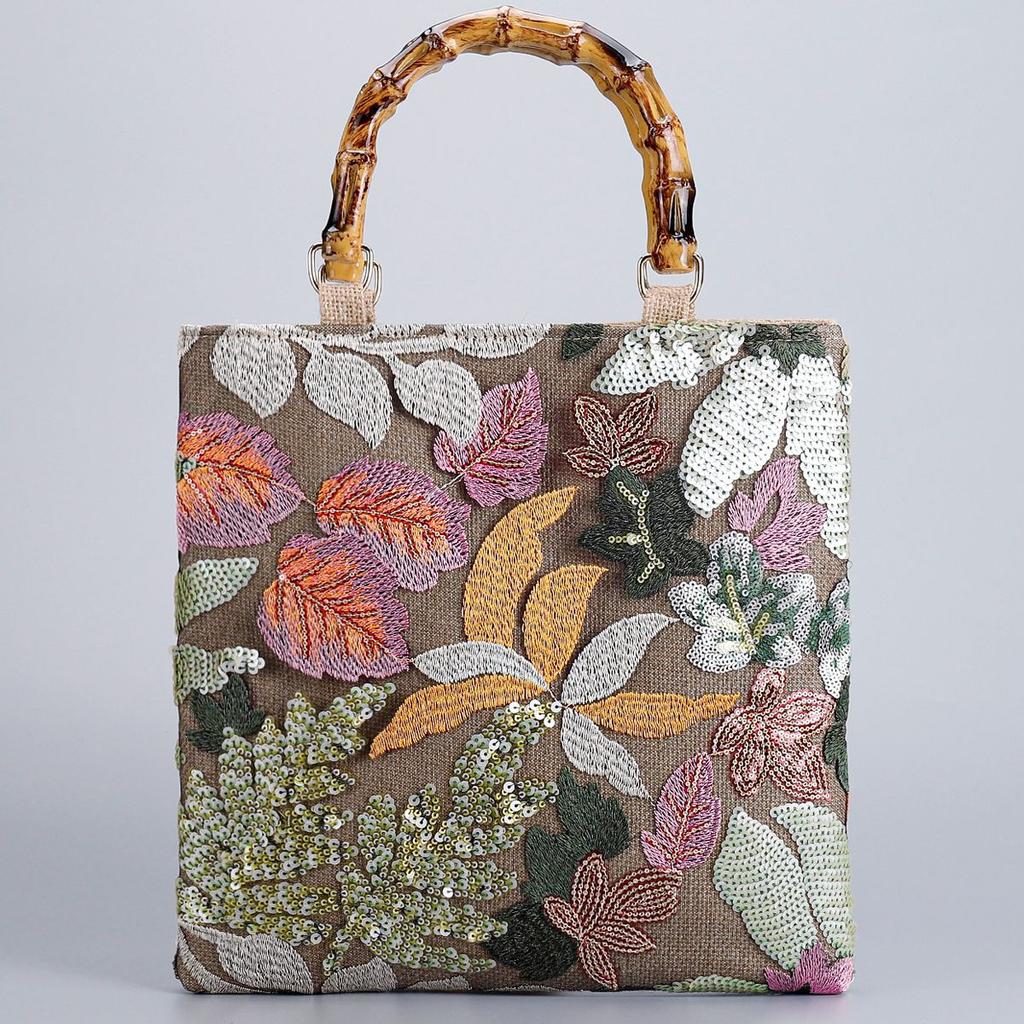 Women's Retro Tote Bag Vintage Pink Embroidery Sequin Bamboo Handle Handbag Elegant Fashion Bag Daily Commute Shopping Travel Bag