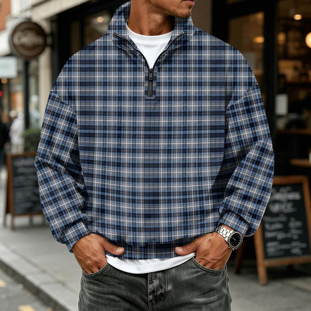 Men's Casual Flannel Quarter-Zip Long Sleeve Sweatshirt Plaid Print