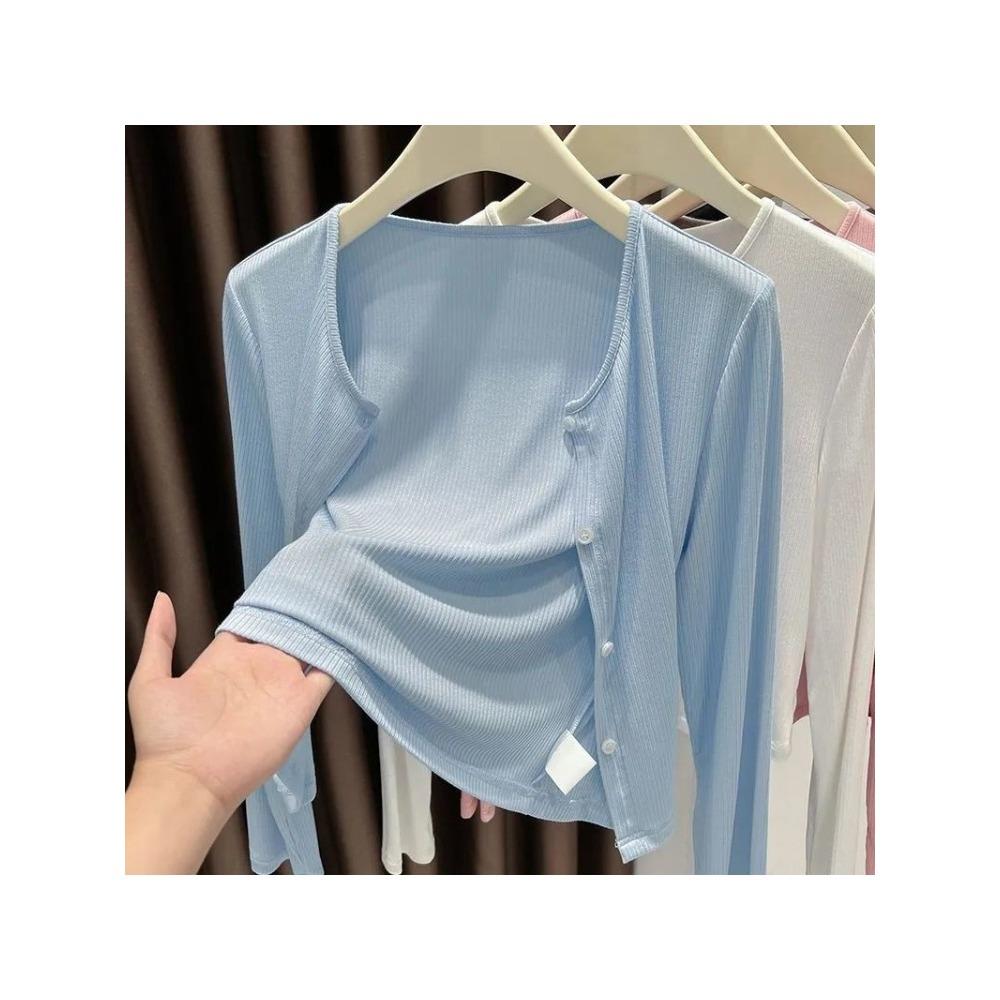 Women Grey Ribbed Thin Cardigan Shawl, Lightweight Sun Protection Air Conditioner Coat Office Summer Outerwear Cover Up
