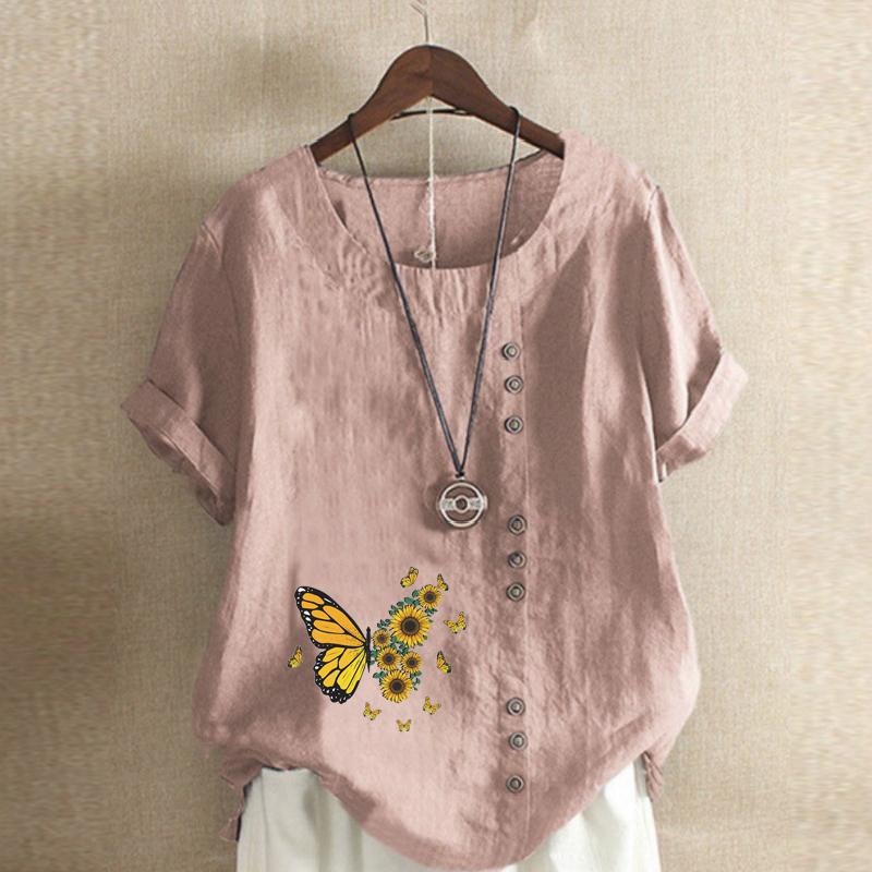 Women's Fashion Butterfly Prined Short Sleeve T-shirt Loose Cotton Shirt Casual Loose Summer Blouse Tops Plus Size