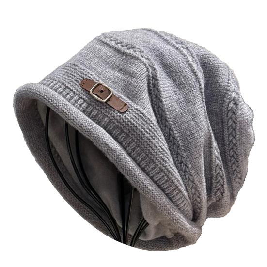 Knitted Hat Rolled-Edge Pile Shape Velvet Lining Women Hat Windproof Ear Protection Knitted Headgear