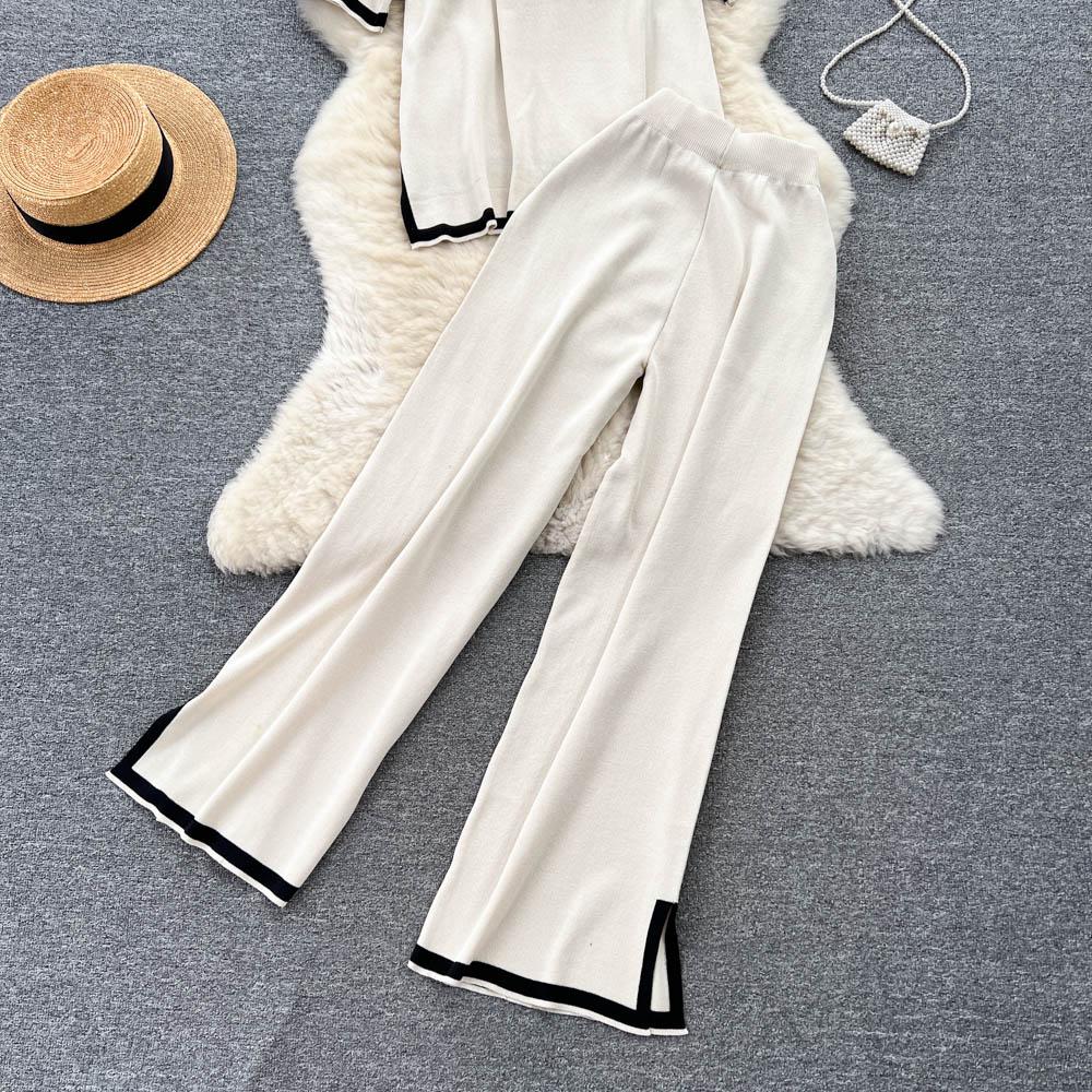 Basic O-hals Vår Sommar Kvinnor Stickad Tröja Set Mode Lös Casual Tvådelad Kortärmad Träningsoverall Dambyxdräkt