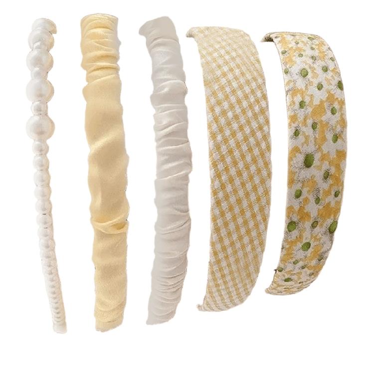5PCS Blue Tone Stylish Hairbands Pearls Embellished Design Stretchable Fabric For Long Wear