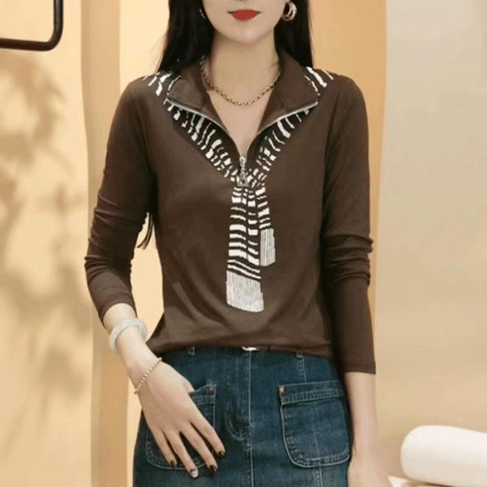 Spring and Autumn New Zipper Lapel Fashionable Solid Color Casual Slim Long-sleeved Top Base Shirt