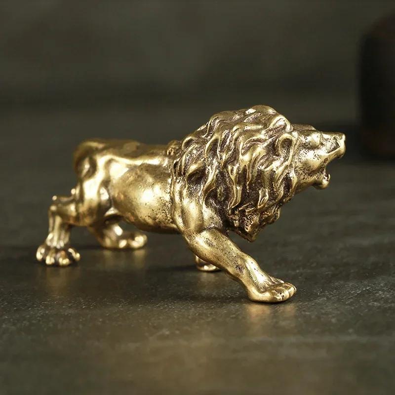Antique Bronze Male Lion King Statue Small Ornaments Solid Copper Mountain Lions Miniature Figures Brass Sculpture Crafts Decor