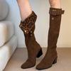 Stylish personality niche knight boots autumn and winter new two-wear belt buckle leopard print suede square head thick heel boots