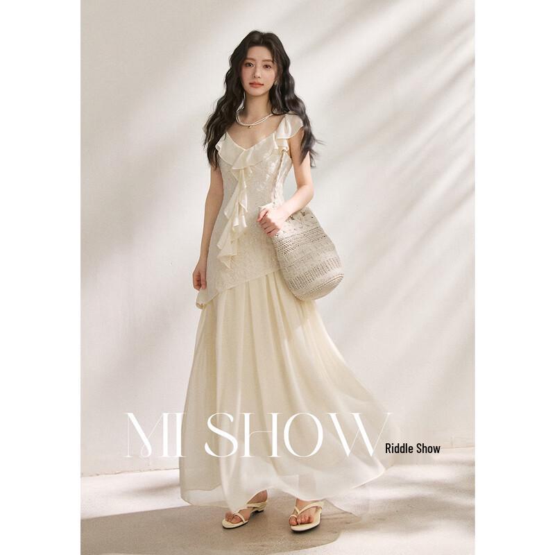 Mixiu Lace Chiffon Ruffle Flutter Sleeve Dress S