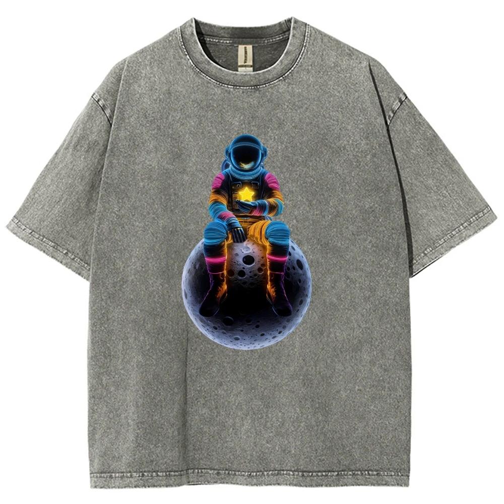 Unisex Fit Washed T-Shirt Cool Astronaut Tees Shirts Men Women Short Sleeve T-shirts Cotton Oversized T-shirt