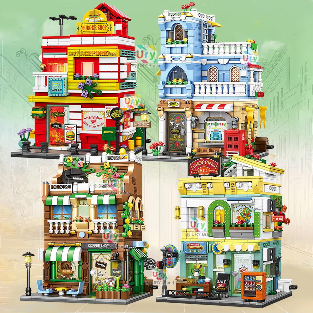 City Series Street View Modular Mall Supermarket Hotel Burger Coffee Shop Retro Flower House MOC Architecture Building Block Set for Kids Children