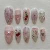 Xiaohongshu Blush Bow Knot Strawberry Pink Press-On Nails with Rhinestones & Chains