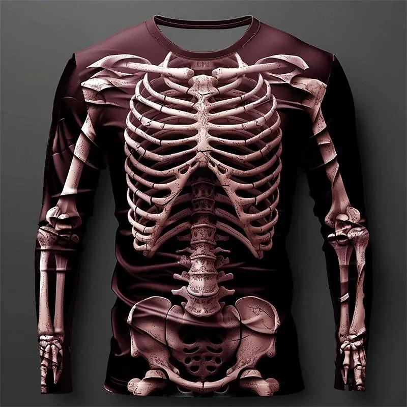 Creative Design 3D Skull Print Men's T-Shirt Autumn Daily Casual Long Sleeve Crew Neck Pullover Tees Oversize Breathable Clothes