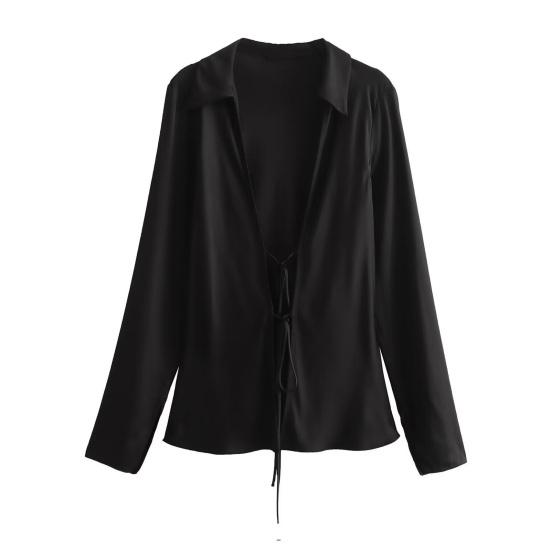 

Yousheng Женская рубашка с длинным рукавом с лацканами и шнуровкой Сексуальный полый эффект Шелковый атлас с текстурой и бантом Сплошной цвет Рубашка Топы S чёрный