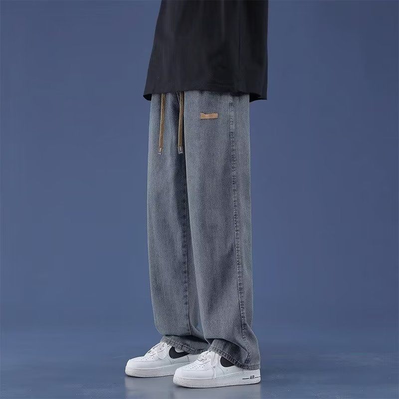 

Мужские эластичные свободные прямые джинсы, широкие джинсовые брюки, повседневные брюки, корейский стиль, спортивная одежда, джинсы, брюки S синий