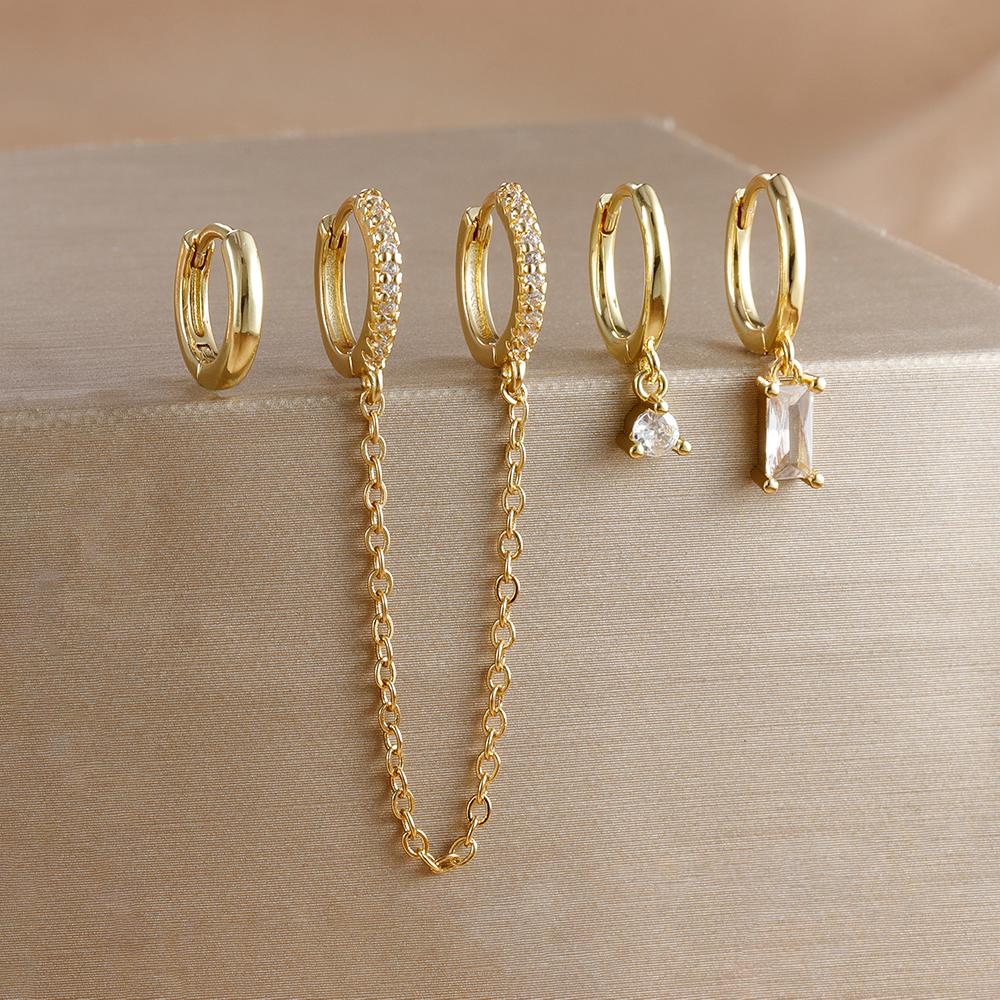 4pcs Fashion Colorful Zirconia Chain Square Earrings Set for Women Two Hole Round Circle Gold Color Hoop Earring Wedding Jewelry