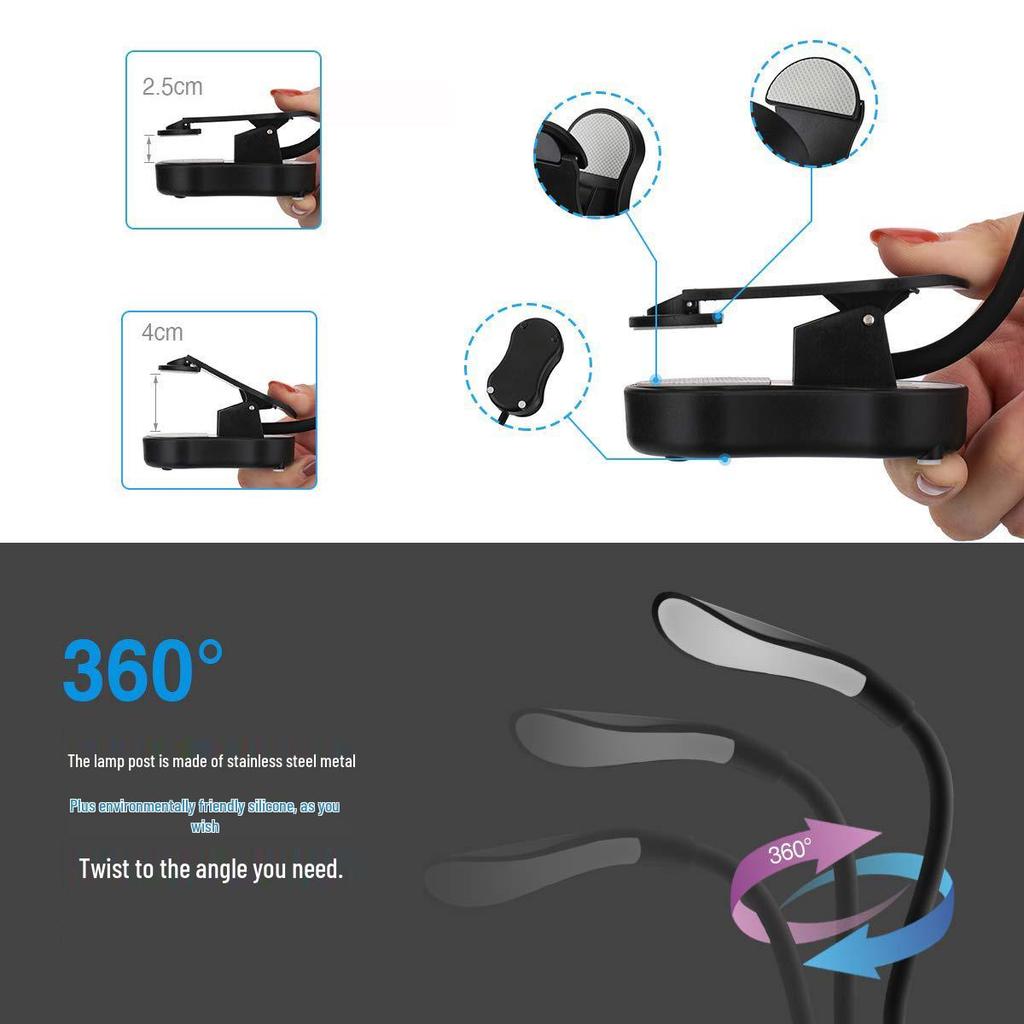 LED USB Rechargeable Portable Book Clip Lamp - Eye Protection Reading and Study Light
