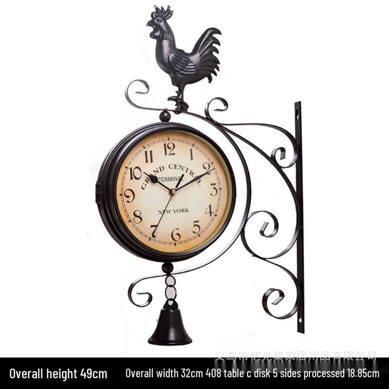 European Double-Sided Silent Rooster Wall Clock - Wrought Iron Living Room Décor