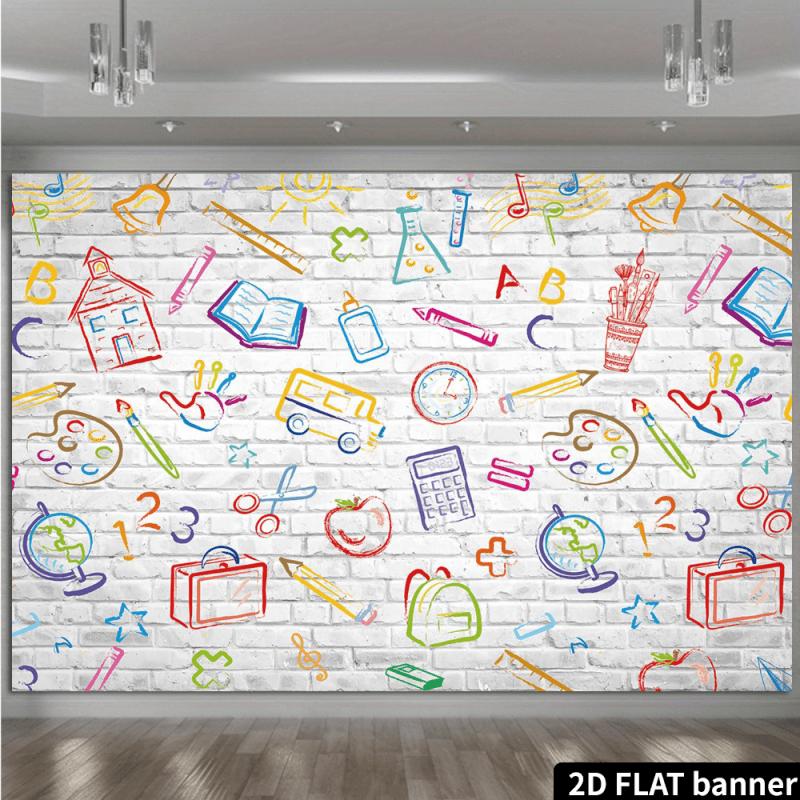 2D plane returning to school background hand-drawn pencil book white brick wall photography background first day