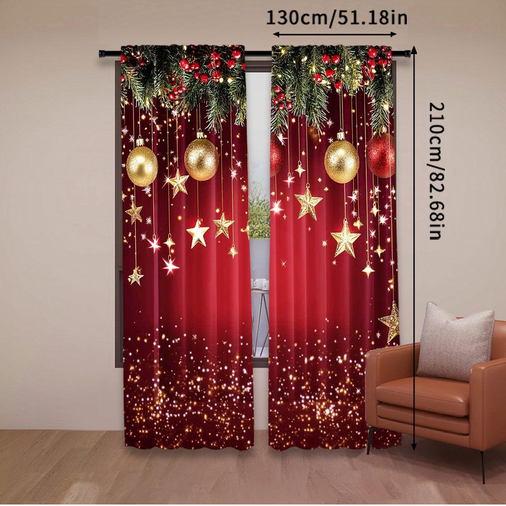 Set Of 2 Christmas Curtain Red Sparkling Stars Backdrop New Year Eve Party Xmas Holiday Decorations Curtains Made Polyester