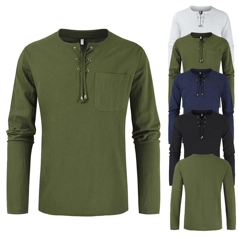 Mens Long Sleeve Cotton Linen Blouse Loose Henley V-Neck Tops T Shirts Blouse