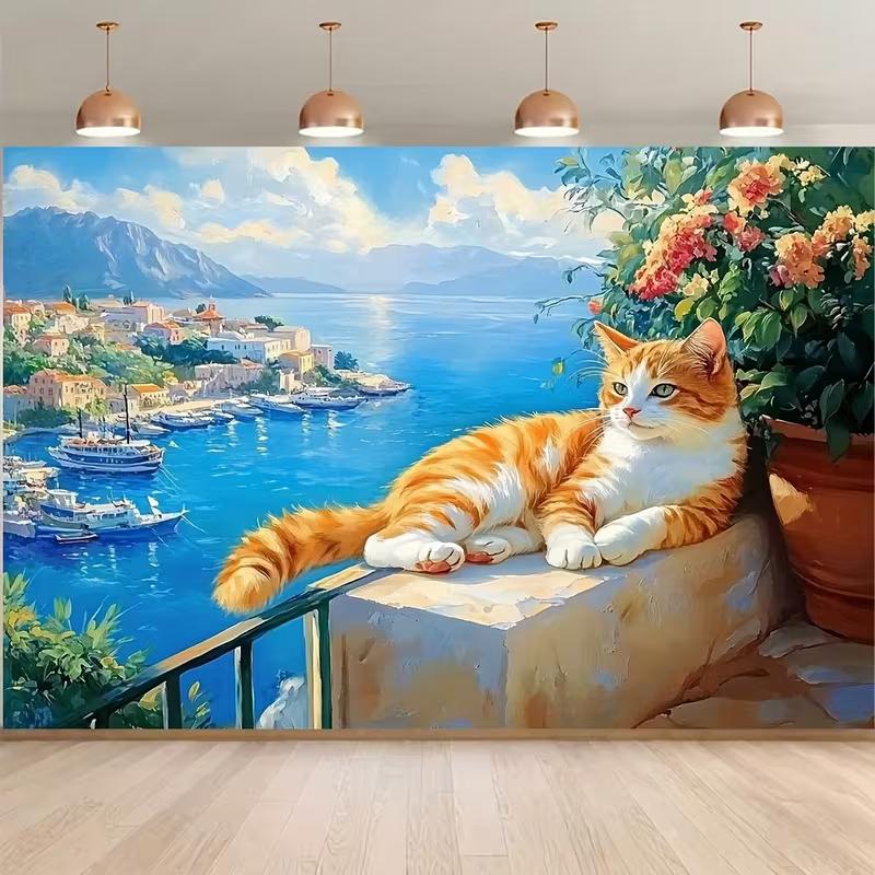 2D Impressionist Cat Backdrop Balcony Overlooking the Mediterranean Sea Studio Photography Background 47.2x31.5inch/120*80cm