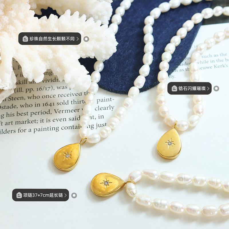 Water Drop Shape Inlaid Zircon Pendant, Freshwater Pearl Necklace, French Style Romantic Gift Jewelry