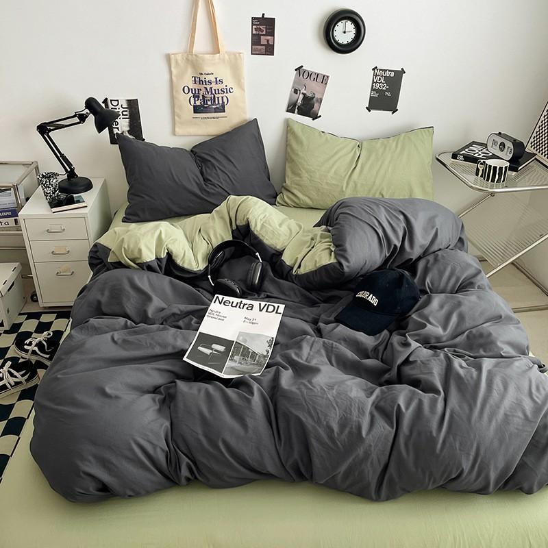 Washed Cotton Bedding Set Solid Color Brushed Bed Sheets Dorm Home