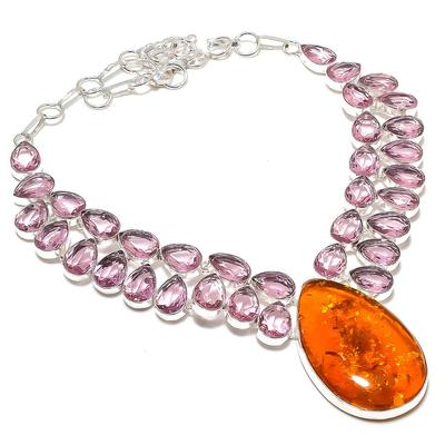 Natural Baltic Amber, Kunzite 925 Sterling Silver Jewelry Necklace 18" I0t01
