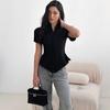 Women's Black V Neck Puff Sleeve Crop Top with Buttons and Side Cutouts