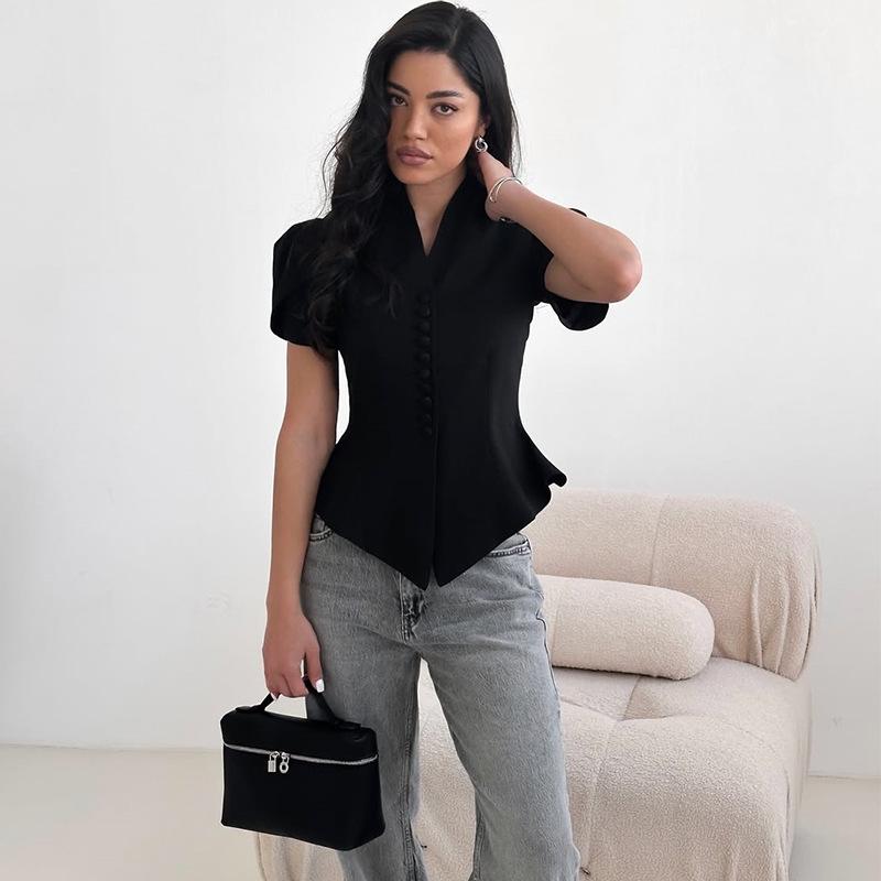 Women's Black V Neck Puff Sleeve Crop Top with Buttons and Side Cutouts