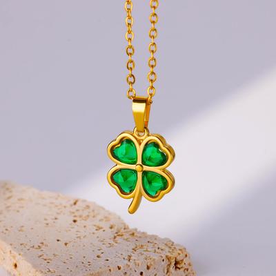 Gröna Fyrklöver Zirkon Halsband för Kvinnor Rostfritt Stål Guld Färg Fyrklöver Hänge Halsband Bröllops Smycken Gåva