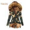 Women Winter Down Coat Faux Fur Fleece-lined Zip-up Press Button Closure Windproof Mid Length Jacket Camouflage Print Slim Fit Outerwear