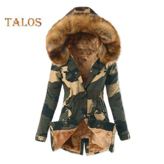 Women Winter Down Coat Faux Fur Fleece-lined Zip-up Press Button Closure Windproof Mid Length Jacket Camouflage Print Slim Fit Outerwear
