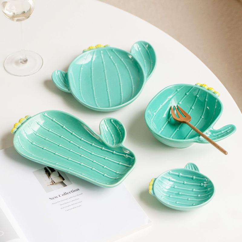 Wjg Pretty B Creative Ceramic Cactus Shaped Plate Household Breakfast Snack Plate Dipping Plate Afternoon Tea Dessert Salad Bowl