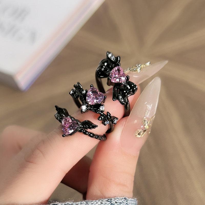 Dark wings pink diamond love bow trendy cool personality ring neutral style punk hottie fashion niche ring