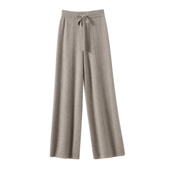 Women Long Pants Elastic High Waist Wide-Leg Knitted Pants with Pockets Solid