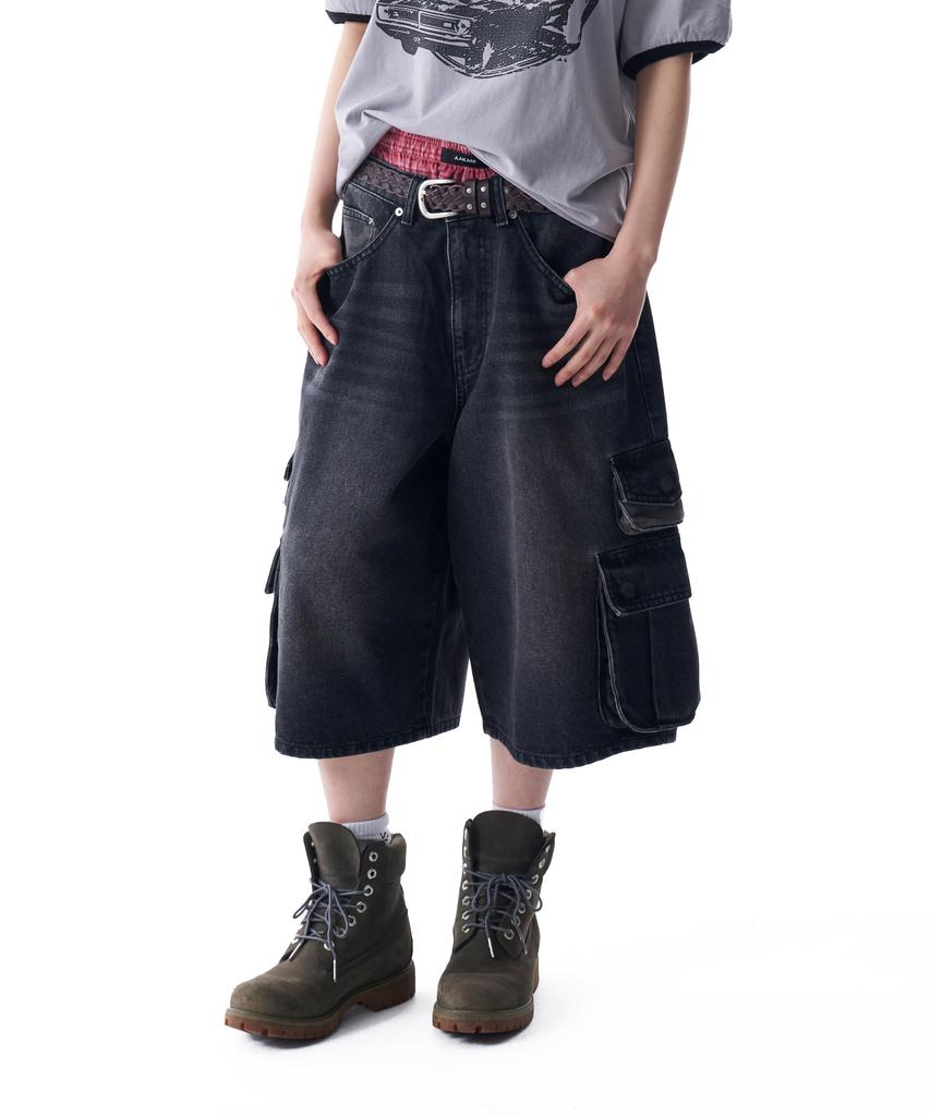 AAKAM Camo Patch Bermuda Denim Cargo Pants (Black)