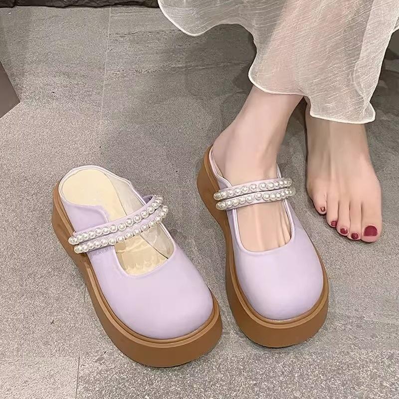 Pearl light luxury Mary Jane shoes half slippers bag head female design sense niche thick sole outer wear