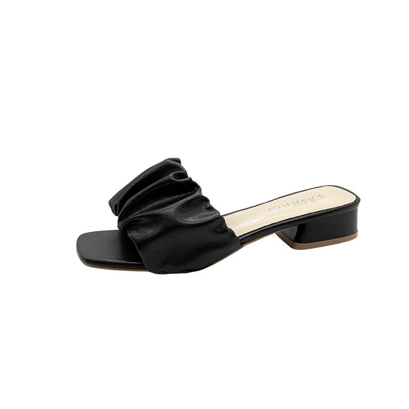 Spring and summer new high-heeled one-word slippers women's head lazy half-support fashion folds outer sandals children