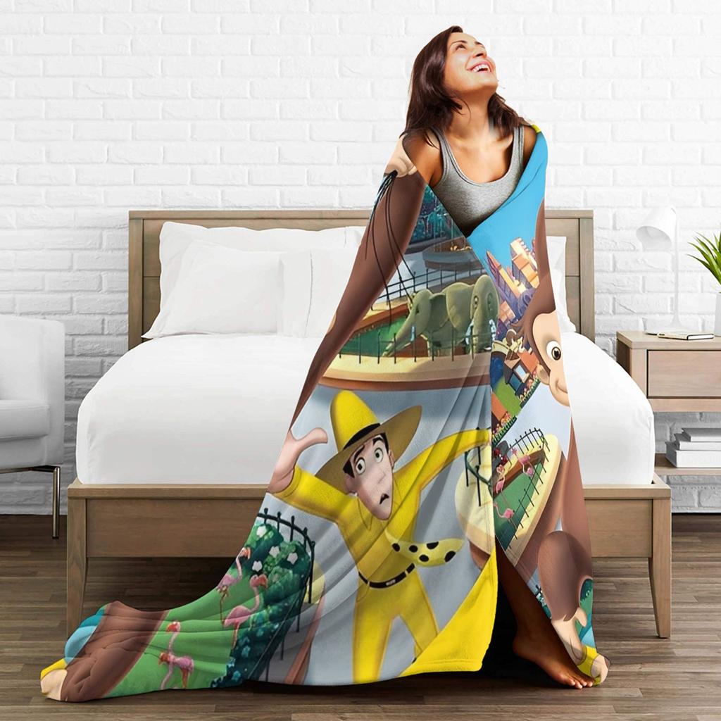 Warm Soft Blankets Picnic Cartoon Curious George Throw Blanket  Flannel Bedspread For Couch Chair Sofa Bed Fluffy Sofa Bed Cover