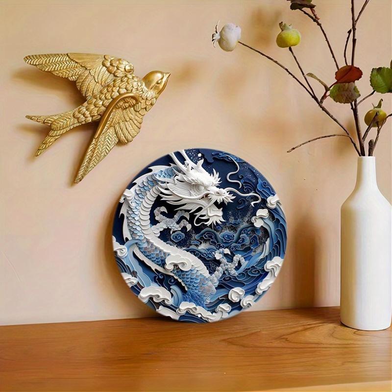 Wood Chinese Dragon Wooden Wall Sign, Round Art Decor, Abstract Paper Cut Design, Waterproof and Weather Resistant for Door, Wall, Home, Room