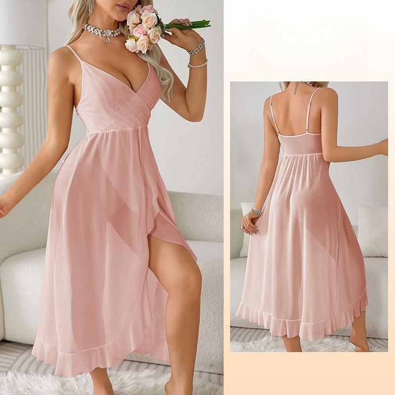 Elegantes V-Ausschnitt Nachthemd mit hohem Schlitz, rückenfrei, ärmellos, sexy Cami, Damen-Loungewear 683, anspruchsvolle, schmeichelhafte Nachtwäsche für selbstbewusste Frauen