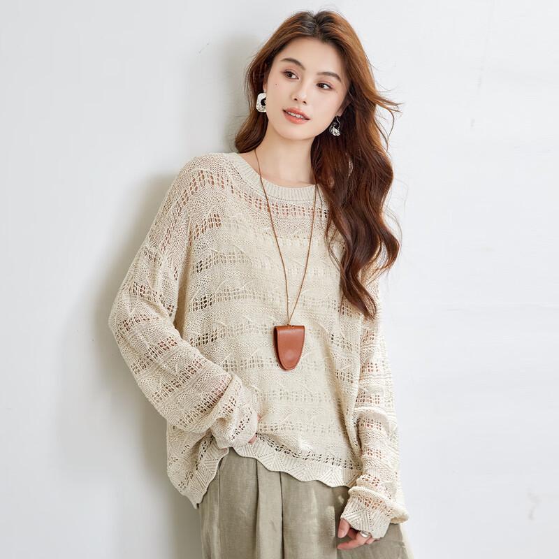 CARBAMMI Women s Lightweight Openwork Long Sleeve Knit Pullover Top One Size бежевый