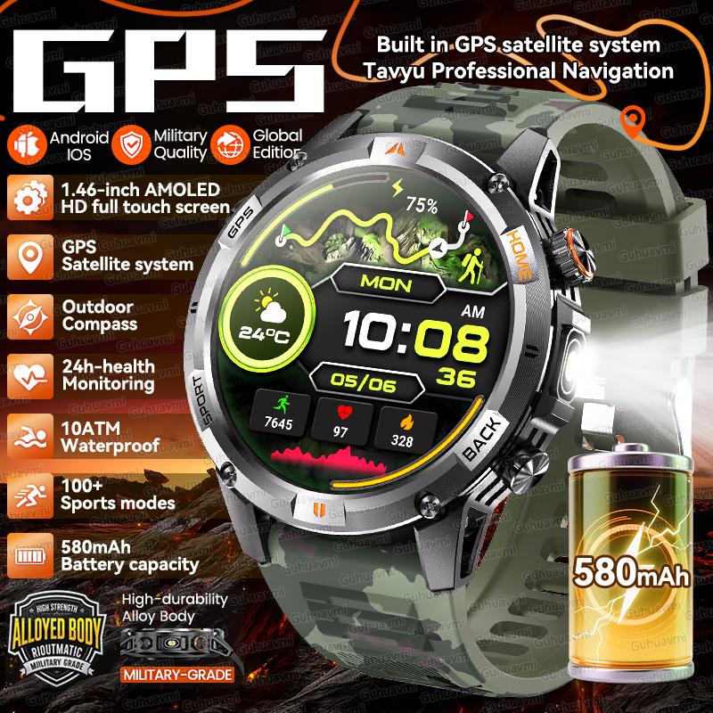 2026 New Adult Outdoor GPS Sport Smart Watch Altimeter Barometer 10ATM Waterproof 580mAh Battery Bluetooth Call Men AMOLED Smartwatch