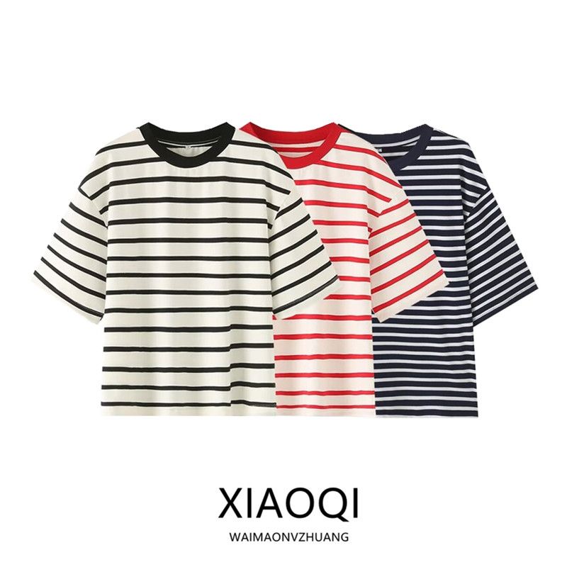 Western Style 2024 Summer New Women Clothes Casual All-matching Stripe Plus Size Short Sleeve T-shirt 5644347