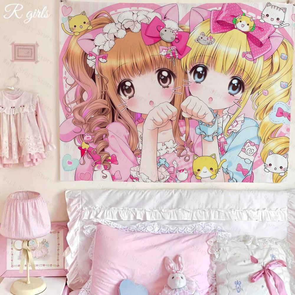 Kawaii Pink Anime Cat Girl Tapestry Cute Wall Hanging for Teen Girls Bedroom Tapestry Aesthetic Dorm Decor Kawaii Room Backdrop