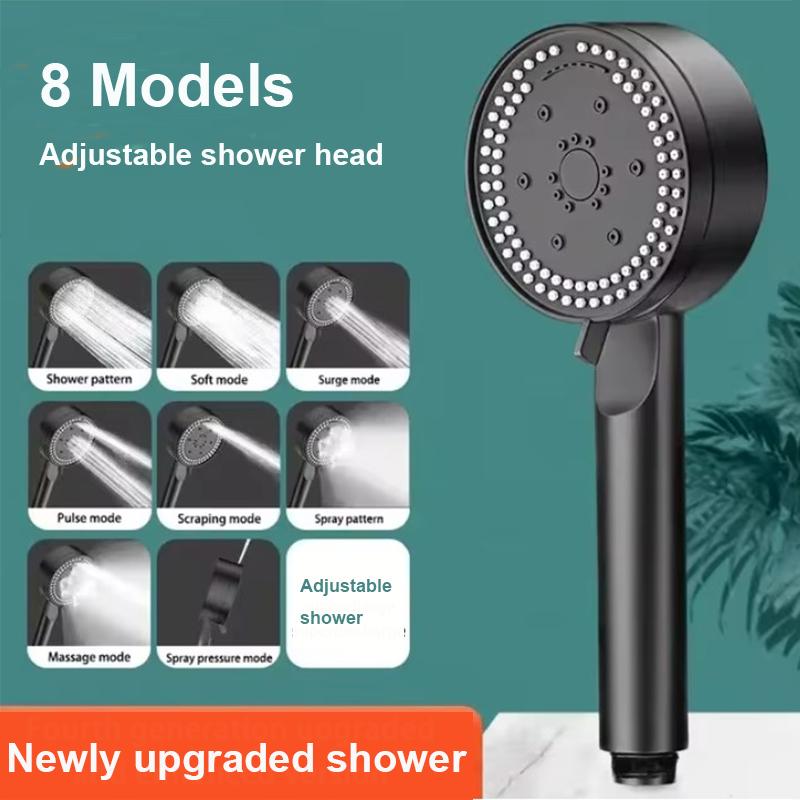 Adjustable Shower Head 8 Modes High-Pressure Water Saving Black Showerhead Handheld Bathroom Massage Showers Nozzle