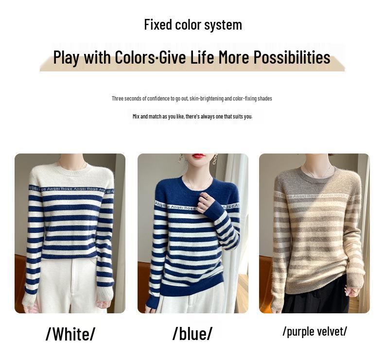 Women's Striped Crew Neck Wool Sweater - Autumn/Winter Loose-Fit Cashmere Knit