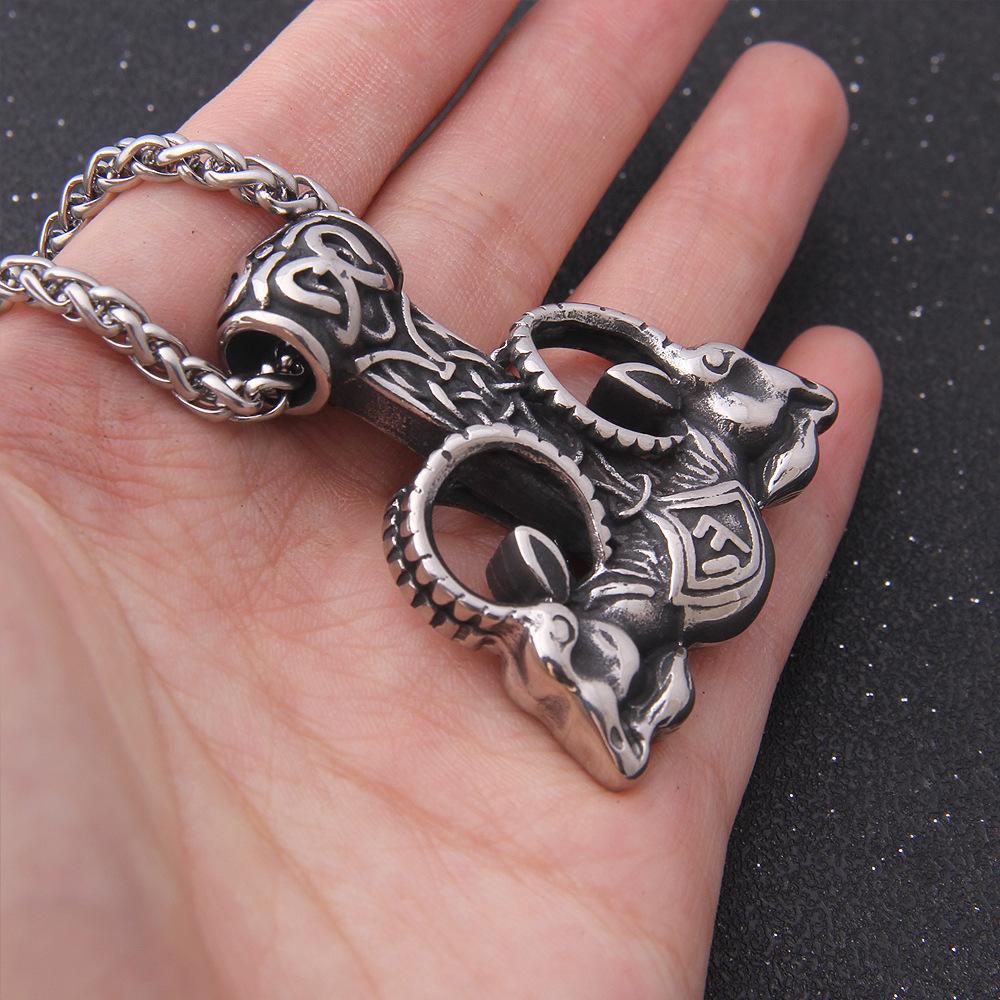 Naszyjnik Młot Thora ze Stali Nierdzewnej - Wikingowski Amulet Mjolnir z Runą Kozła i Zawieszką z Głową Barana dla Męskiej Biżuterii Norse Prezentów