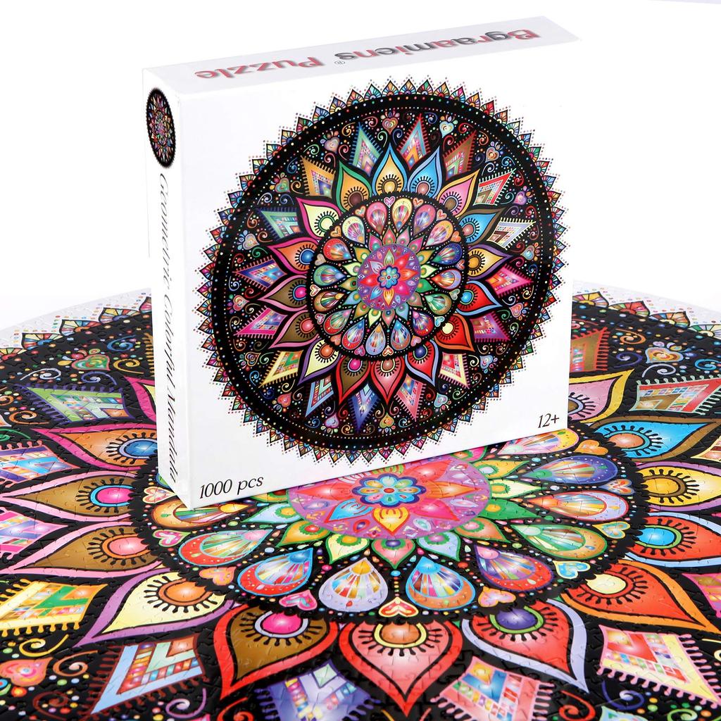 Bgraamiens Puzzle - Geometric Colorful Mandala - 1000 Piece Creative Geometric Round Blueboard Colorful Mandala Jigsaw Puzzle